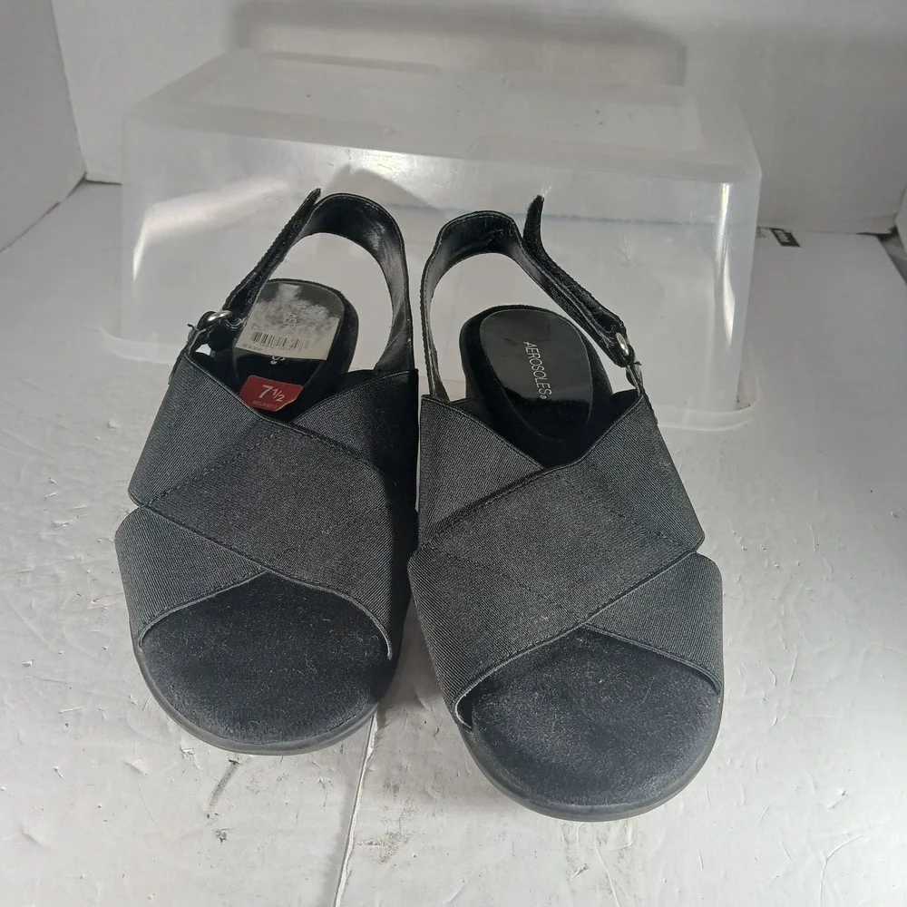 Aerosoles Badlands Wedge Sandals 7.5 Black Faux Croc Slingback Comfort Shoes